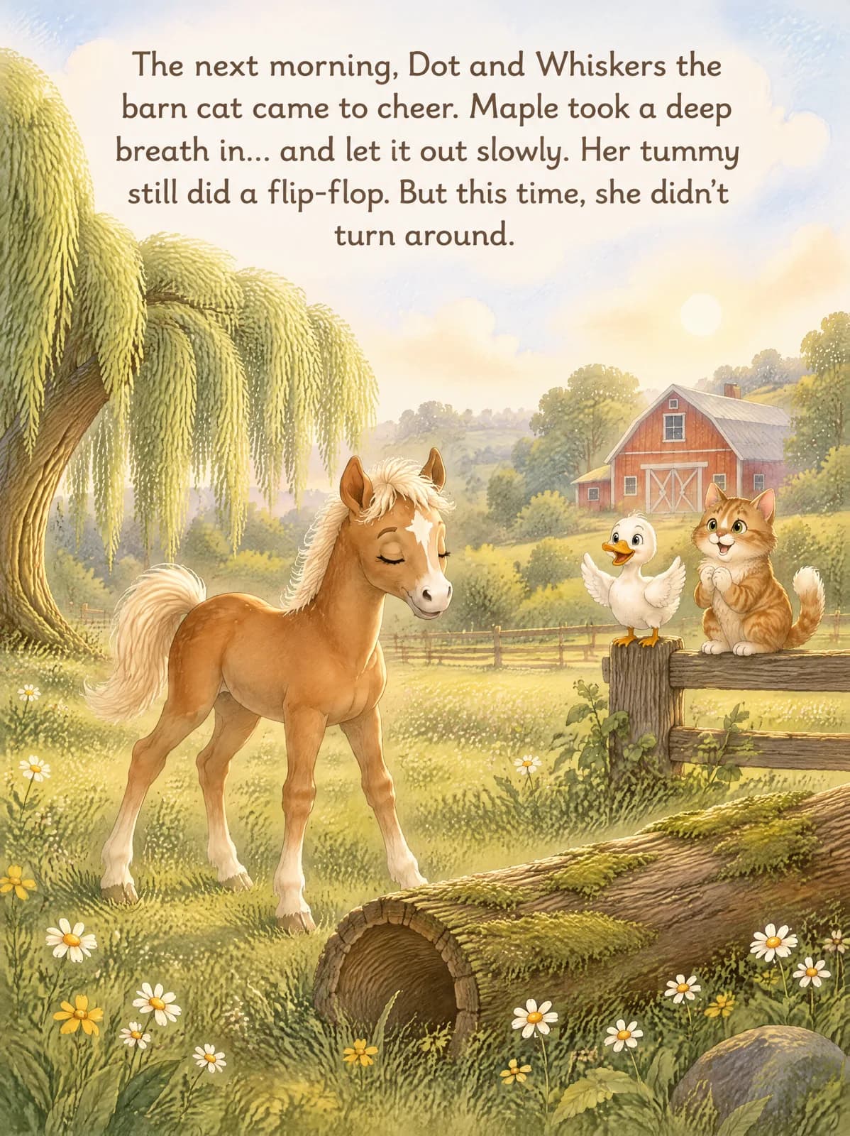 Maple takes a deep breath in front of the old log while Dot and Whiskers cheer
